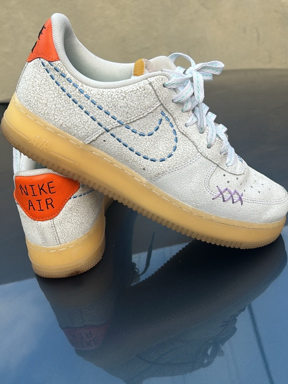 Nike mens White Suede Sneakers with Orange Heel and Gum Sole